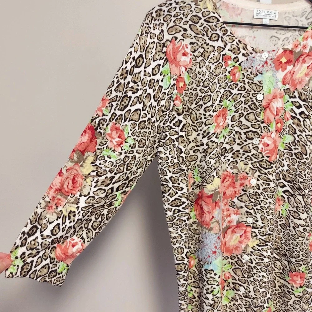 Joseph A‎ Womens Leopard Floral Cardigan Brown Pink 3/4 Sleeve Knit L Maximalist